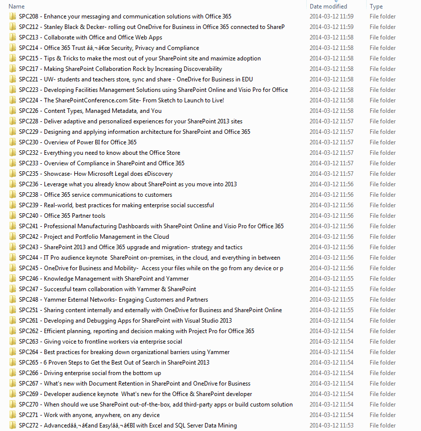 File Explorer listing SharePoint Conference 2014 session folders named by session code and title, such as SPC208 through SPC272