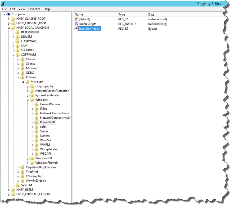 Registry Editor showing the ExecutionPolicy value set to Bypass under HKLM Software Policies Microsoft Windows PowerShell