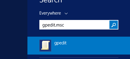 Windows Server 2012 R2 Start screen search for gpedit.msc showing the gpedit result