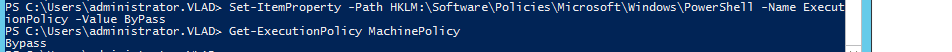 PowerShell window where Set-ItemProperty succeeds and Get-ExecutionPolicy MachinePolicy returns Bypass