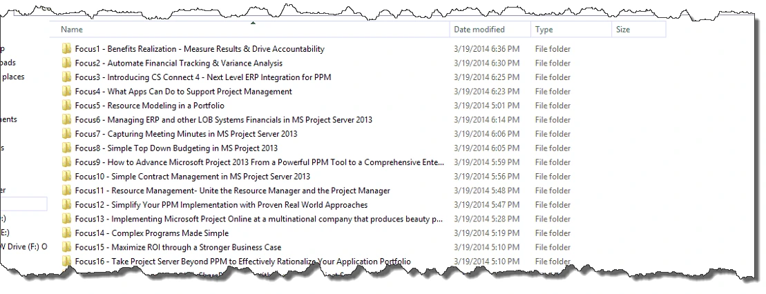Windows Explorer listing downloaded Project Conference 2014 session folders, Focus1 to Focus16, each with its session title