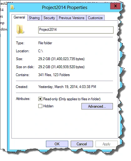 Project2014 folder Properties dialog showing a size of 29.2 GB with 341 files in 123 folders