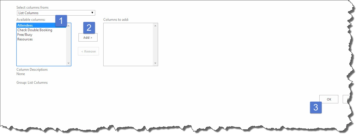 Add columns from site columns page with steps numbered: select Attendees, click Add, then click OK