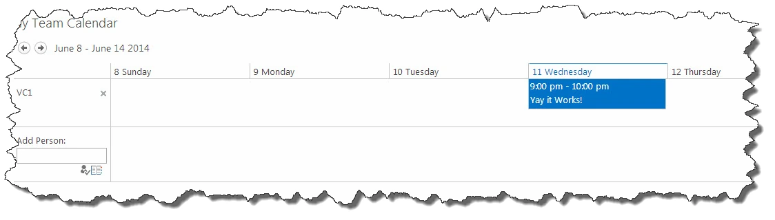 My Team Calendar week view for June 8 to 14 2014 showing the VC1 user row, a Yay it Works event and the Add Person box