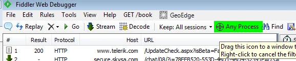 Fiddler Web Debugger toolbar with the Any Process button highlighted and its drag to a window tooltip