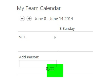 Add Person box on the My Team Calendar group calendar with the address book icon highlighted