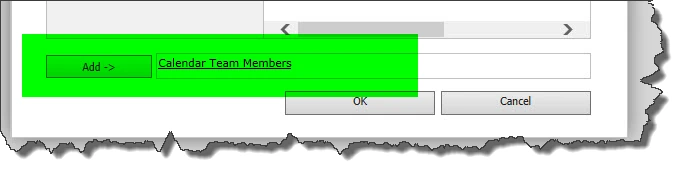SharePoint people picker dialog with the Add button and the Calendar Team Members group highlighted above OK and Cancel
