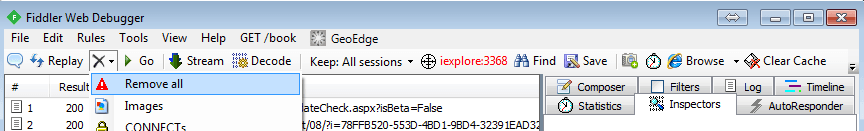 Fiddler session list with the Remove all option open in the clear sessions dropdown menu
