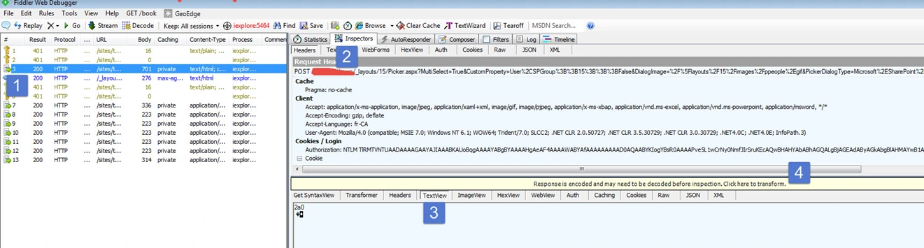 Fiddler Inspectors with numbered steps: select the POST session to Picker.aspx, open Headers, choose TextView, then click the decode response bar