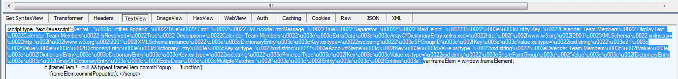 Fiddler TextView showing the decoded picker response script with the var ret JavaScript text selected for copying