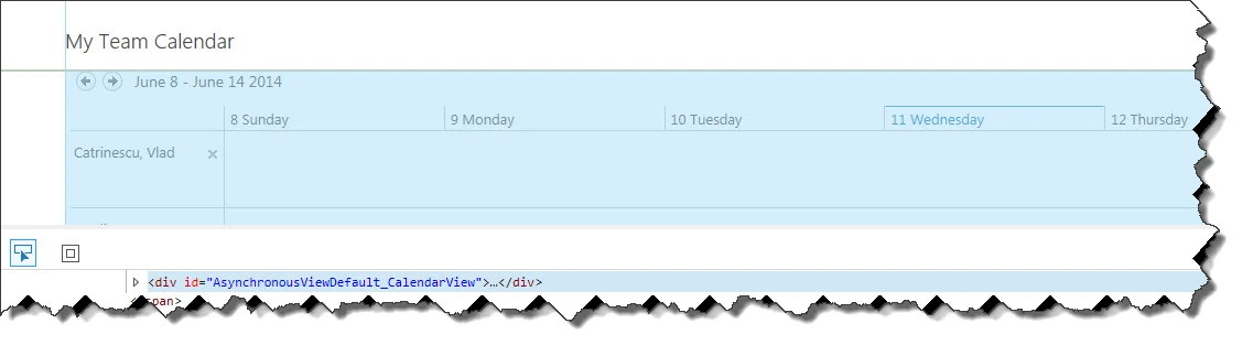 My Team Calendar web part selected in the DOM Explorer, highlighting the AsynchronousViewDefault_CalendarView div