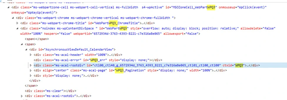 DOM Explorer HTML of the calendar web part with the WPQ3 web part ID highlighted in several element IDs