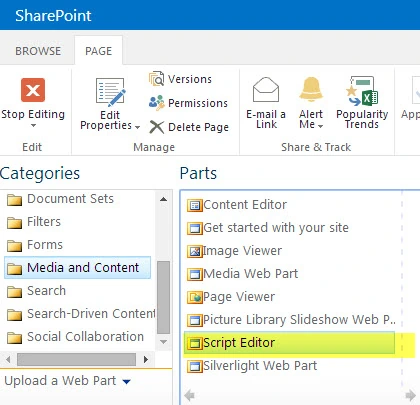 SharePoint page editing ribbon with the Media and Content category and the Script Editor web part highlighted