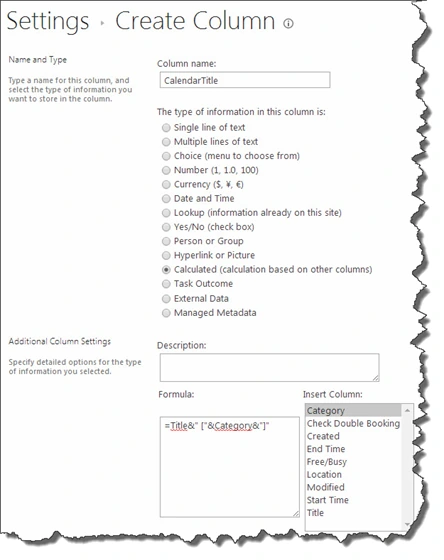 Create Column page for a calculated CalendarTitle column whose formula joins Title and Category, with the category in square brackets