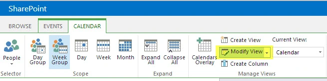 SharePoint Calendar ribbon tab with the Modify View button highlighted in the Manage Views group