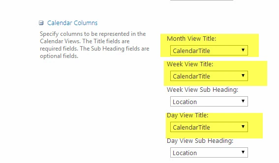 Calendar Columns section of the view settings with Month, Week and Day View Title set to CalendarTitle