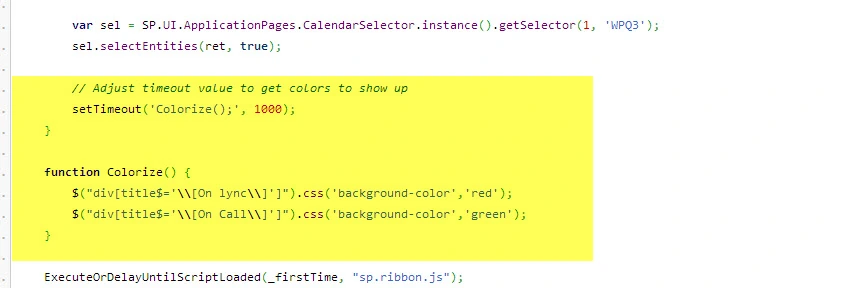 Colorize JavaScript function setting a red or green background on SharePoint calendar events titled On lync or On Call, called via setTimeout