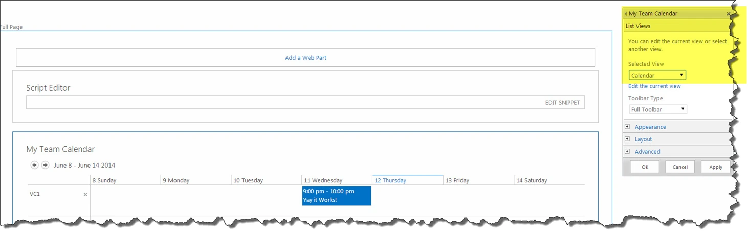 My Team Calendar web part in edit mode with the List Views pane set to the Calendar view and a blue Yay it Works event on June 12
