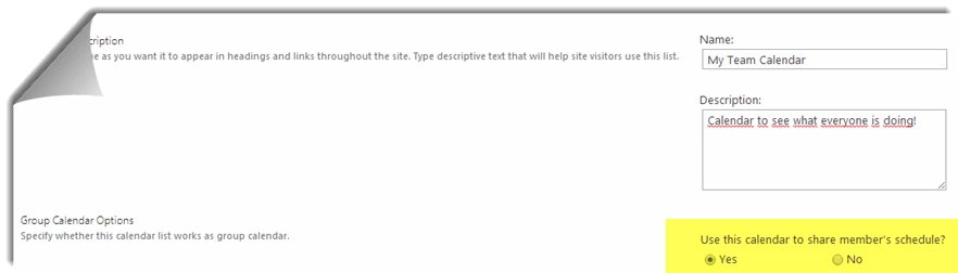 Advanced Options page for the My Team Calendar list with Yes selected for Use this calendar to share member's schedule