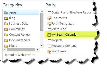 SharePoint 2013 Add a Web Part picker with the Apps category selected and My Team Calendar highlighted in the Parts list