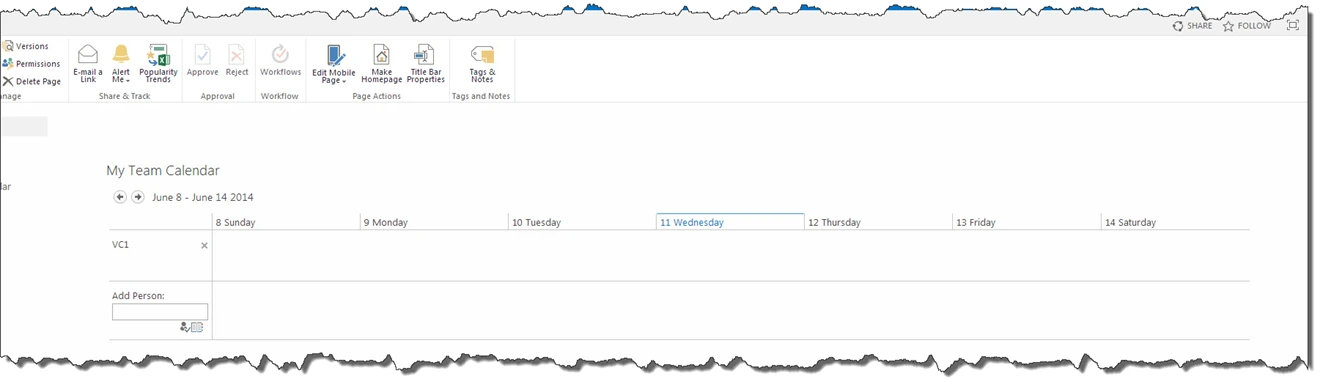 My Team Calendar group calendar web part showing the week of June 8 to 14 2014 with one person listed and an Add Person box