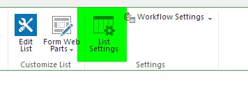 SharePoint 2013 calendar ribbon with the List Settings button highlighted in the Settings group