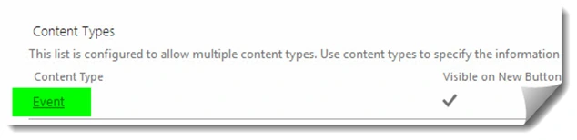 Content Types section of the SharePoint calendar list settings with the Event content type highlighted