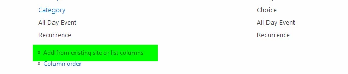 Calendar list columns with the Add from existing site or list columns link highlighted below Category and Recurrence