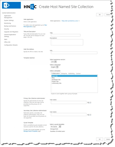 Create Host Named Site Collection page in SharePoint Central Administration with the extra field for the HNSC URL