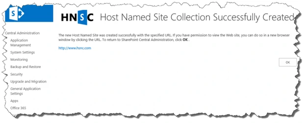 Host Named Site Collection Successfully Created confirmation page in SharePoint Central Administration