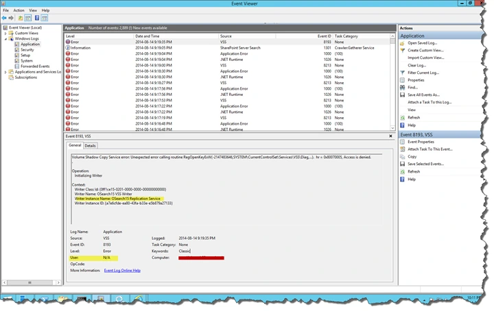 Event ID 8193 from VSS in Event Viewer with the Volume Shadow Copy Service access denied error and User field N/A