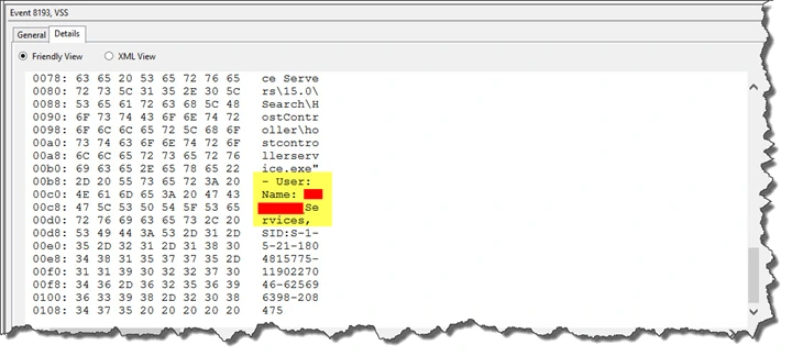 Details tab of Event 8193 in Friendly View where the binary to text column reveals the Services account user name