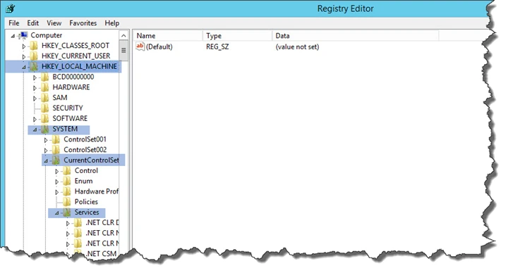 Registry Editor expanded to HKEY_LOCAL_MACHINE, SYSTEM, CurrentControlSet, Services