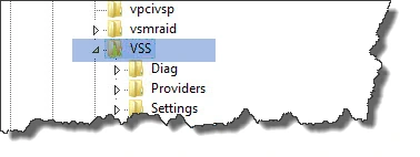 VSS key under Services in the Registry Editor with its Diag, Providers and Settings subkeys