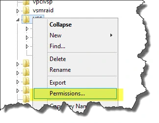 Right-click context menu on the VSS registry key in Registry Editor with Permissions highlighted