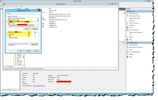Permissions for VSS dialog with the Services account added and Full Control allowed