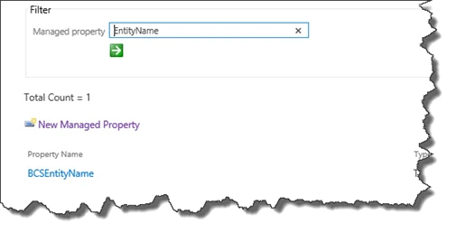 SharePoint Search managed properties page filtered on EntityName, returning only BCSEntityName with a total count of 1