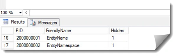 SQL Server Management Studio results from the MSSManagedProperties table showing EntityName and EntityNamespace with the Hidden column set to 1