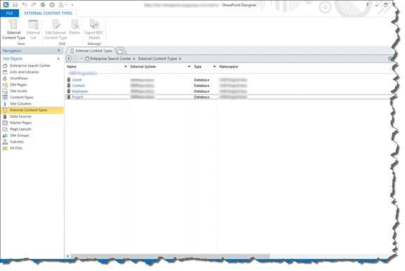 SharePoint Designer External Content Types list showing Client, Contact, Employee and Project entities