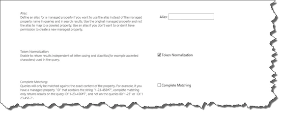 Managed property settings continued with Token Normalization checked and Complete Matching unchecked