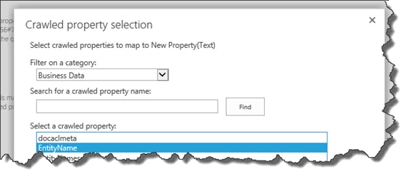 Crawled property selection dialog filtered on Business Data with EntityName selected