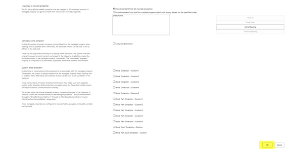 Managed property page showing the EntityName mapping added and the OK button highlighted at the bottom