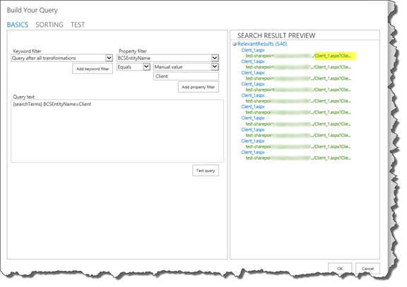 Build Your Query test results showing 540 relevant Client_1.aspx records pointing to the profile page URL