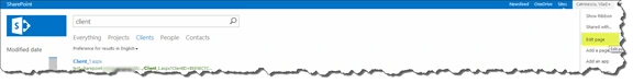 Search Center Clients tab with the settings menu open and Edit page highlighted