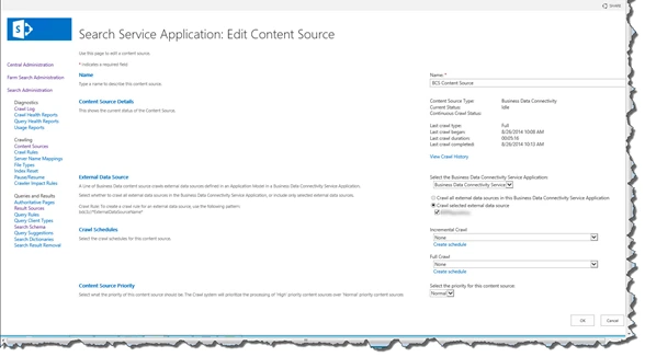 Search Service Application Edit Content Source page for the BCS Content Source with a completed full crawl