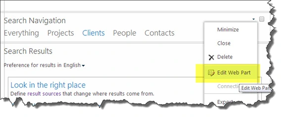 Search Results web part menu on the Clients search page with Edit Web Part highlighted