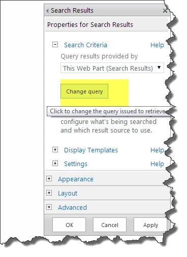 Properties for Search Results panel with the Change query button highlighted under Search Criteria