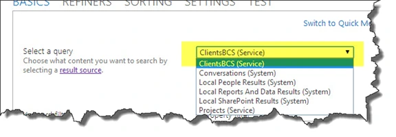 Select a query dropdown in the query builder with ClientsBCS (Service) chosen and highlighted