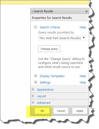 Properties for Search Results panel with the OK button highlighted at the bottom