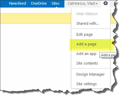 SharePoint settings gear menu with Add a page highlighted in the Search Center